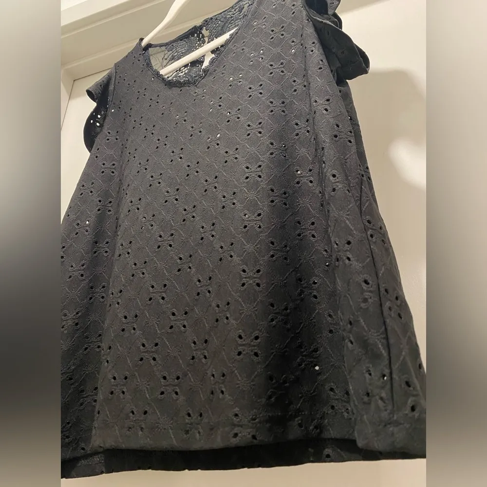 Black Eyelet V-Neck Blouse With Ruffle Short Sleeves & Lace Back Closure - Image 9