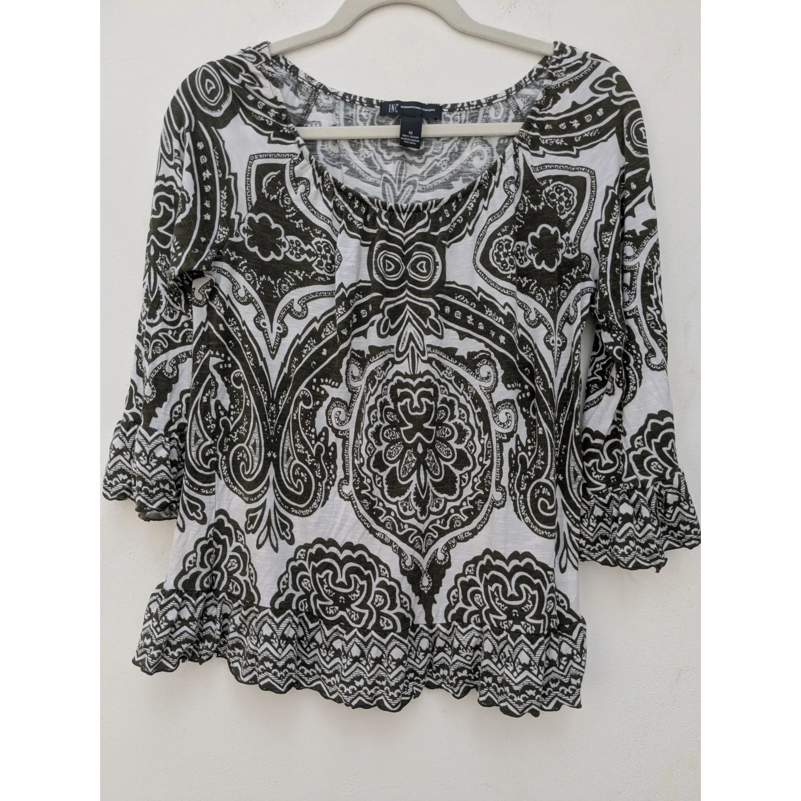 INC Women's Blouse Top 3/4 Sleeve White Green Paisley Boho Hippie Size Medium - Image 2