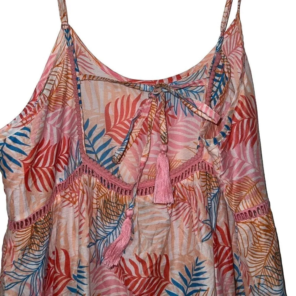 AMERICA AND BEYOND BEACH COVER UP PINK LONG DRESS TROPICAL POM POM WOMEN LARGE‎ - Image 4