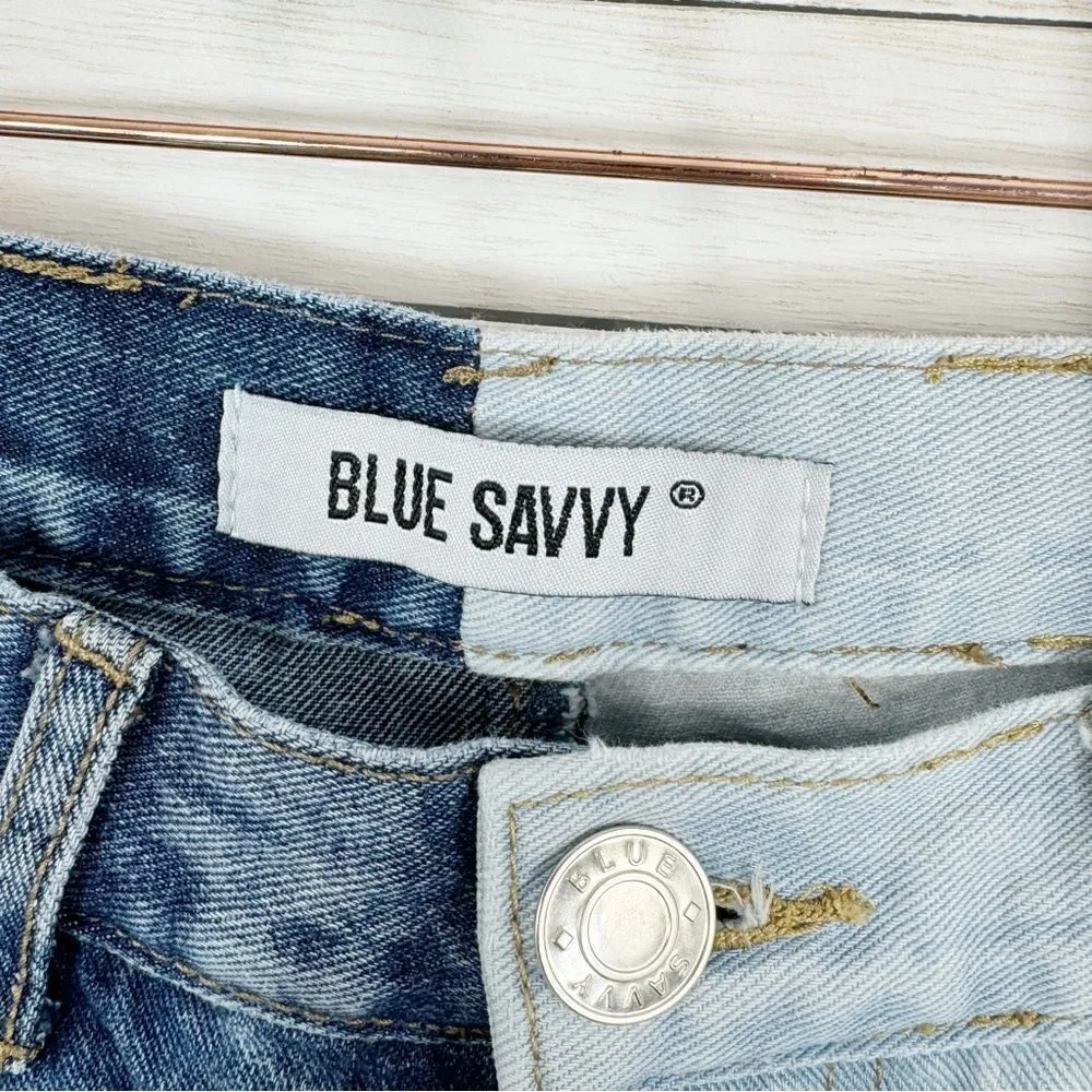 Blue Savvy Two Tone High Rise Mom Jeans Blue Juniors 5 27 Straight Leg Button - Image 9