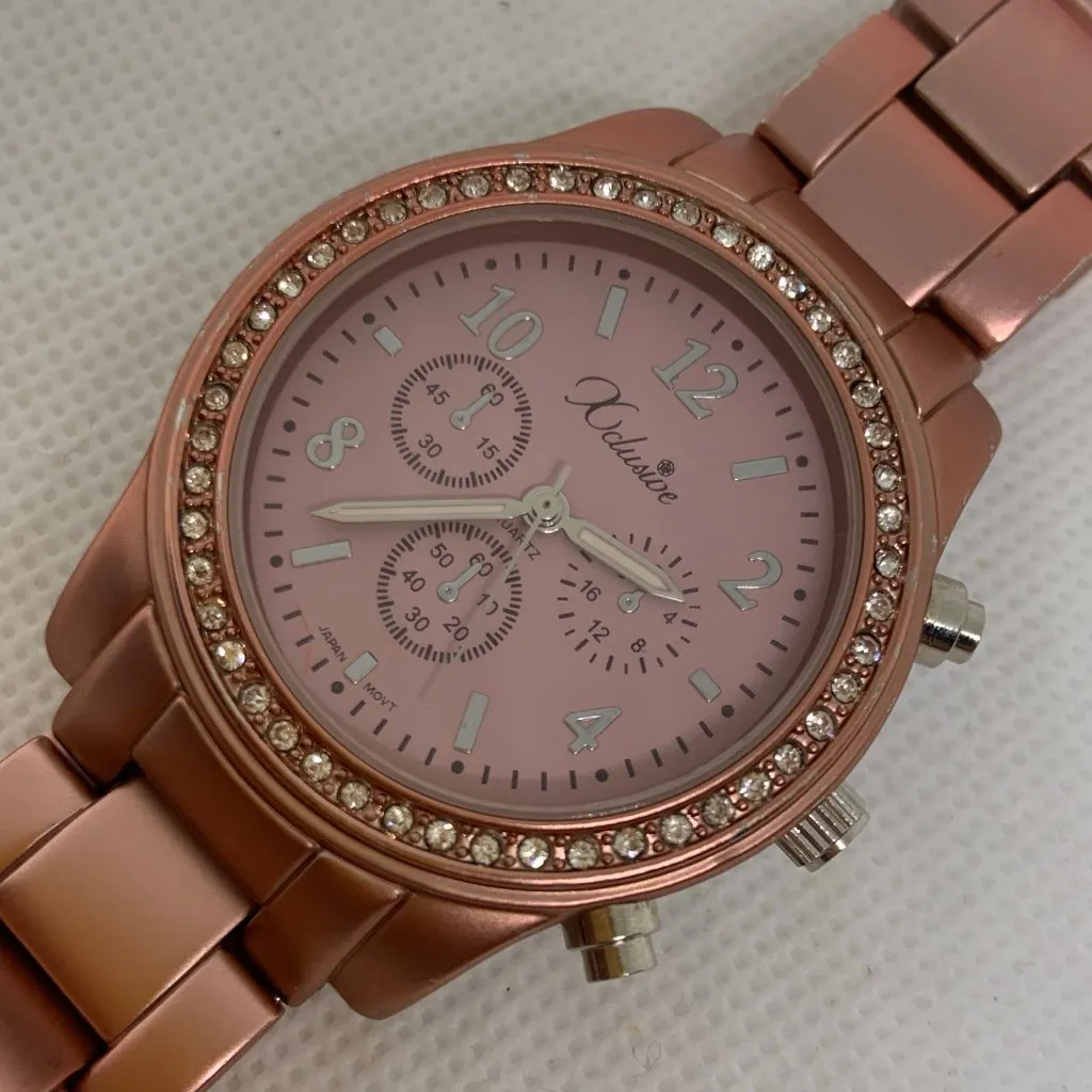 Xclusive rose gold tone women watch 37mm round rhinestones quartz 7” running - Image 2