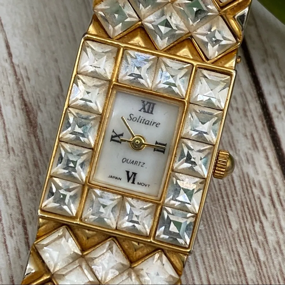 Vintage SOLITAIRE Jeweled Link Square Face Watch - Image 7