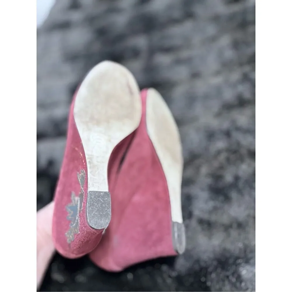 SAM & LIBBY Red Burgundy Suede Leather Wedge Heel Shoes Flower Embellish Boho 8 - Image 4
