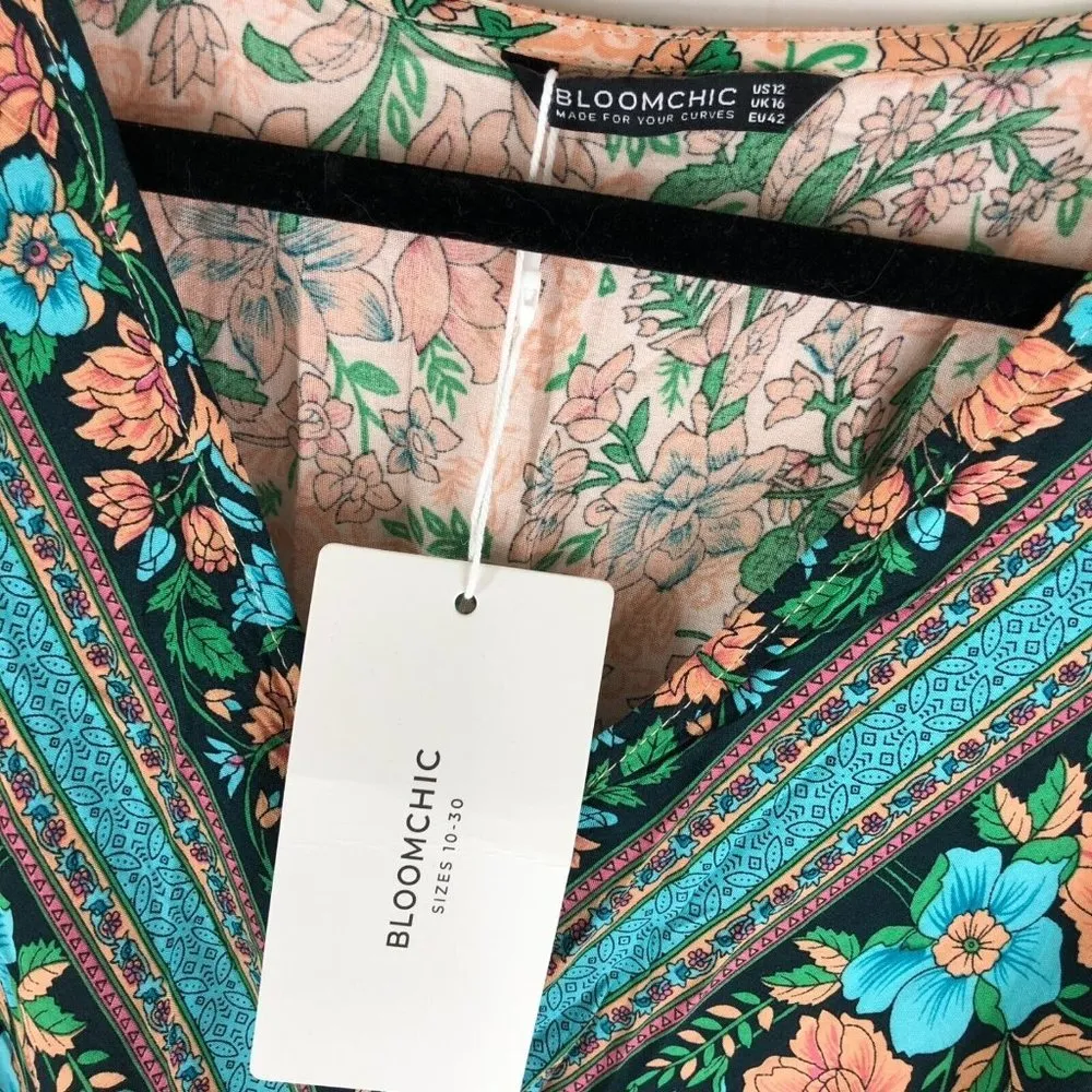 Bloomchic Midi Dress Flora V Neck Belted Short Sleeve Beige Black Blue 12 - Image 3