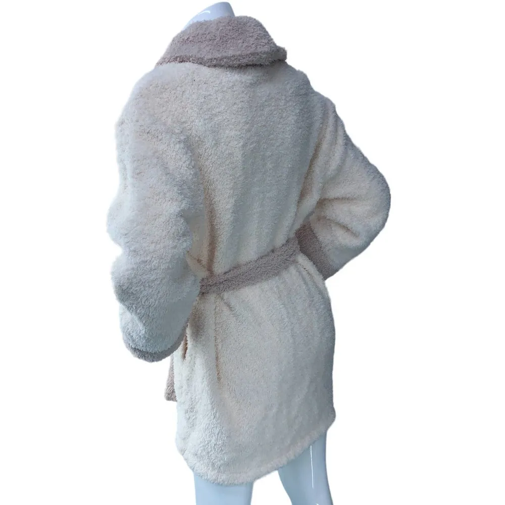 Barefoot Dreams  Womens Size 1 Cozychic Two Tone Cream Brown Short Robe Style 549 - Image 4