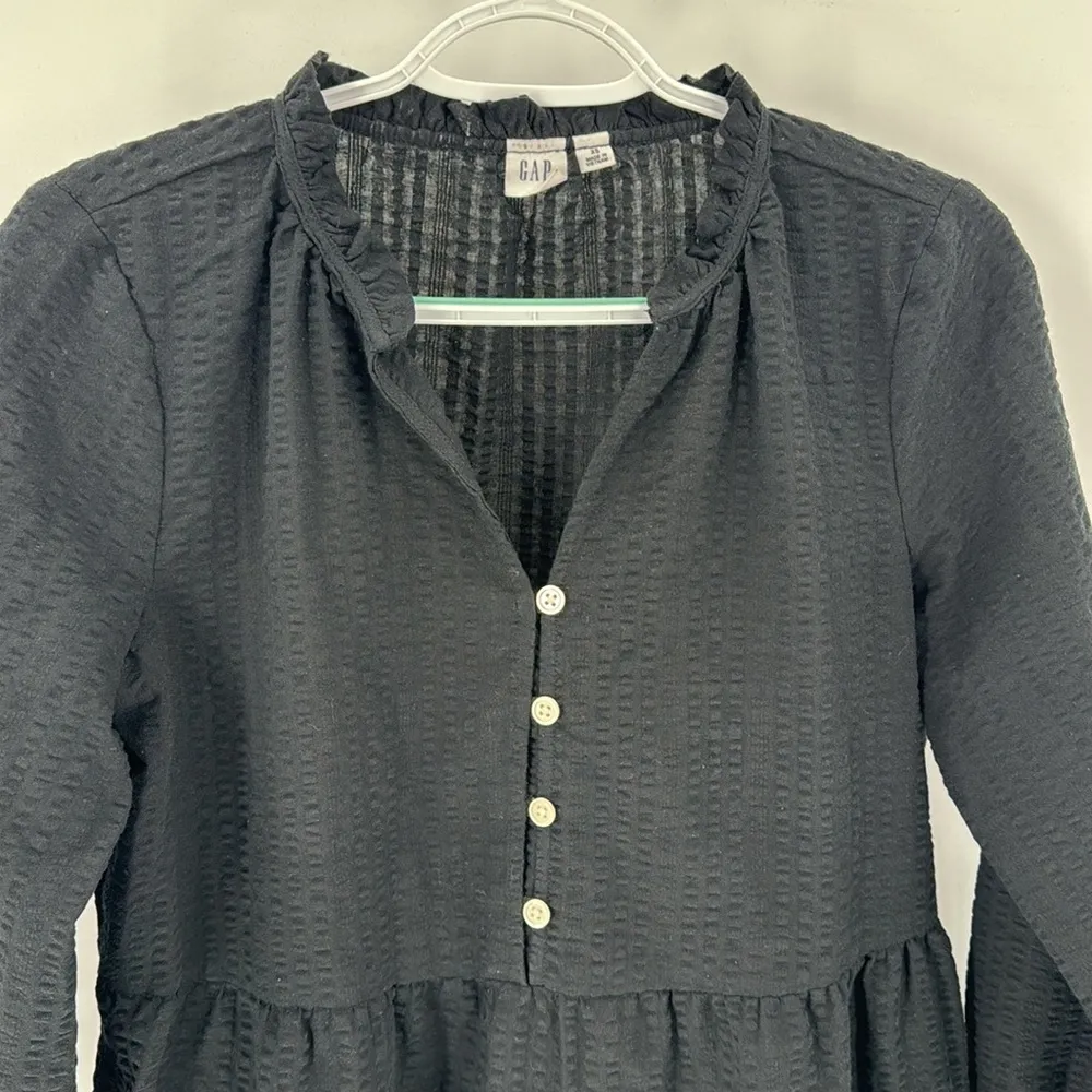 GAP tiered black textured babydoll mini dress puff sleeve summer winter chic - Image 3