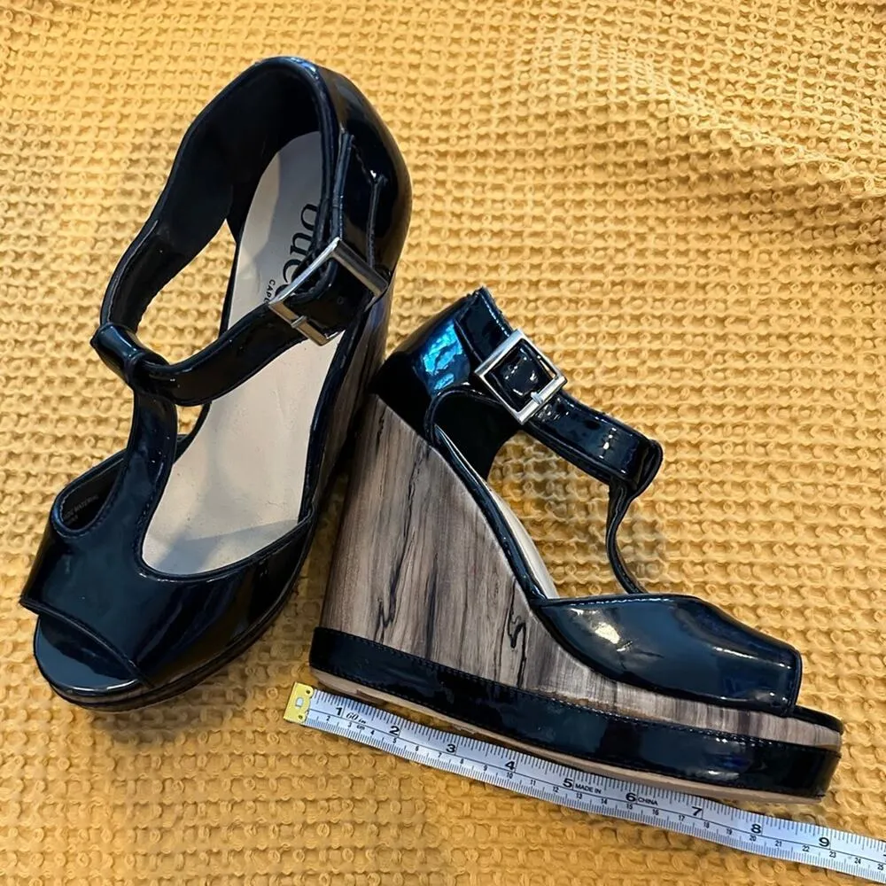 Black Patent Leather Faux Wood Grain Peep Toe SZ.8. High heel Wedge 5" Italian - Image 5