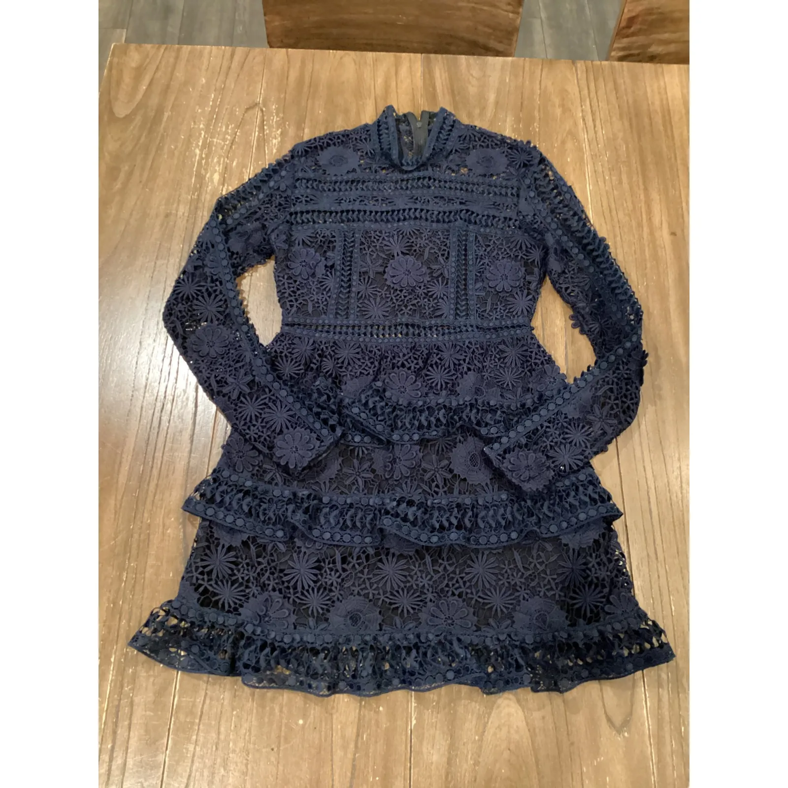 SELF PORTRAIT navy Ava Guipure Lace cut tiered long sleeve Mini Dress size 6 Blue - Image 12