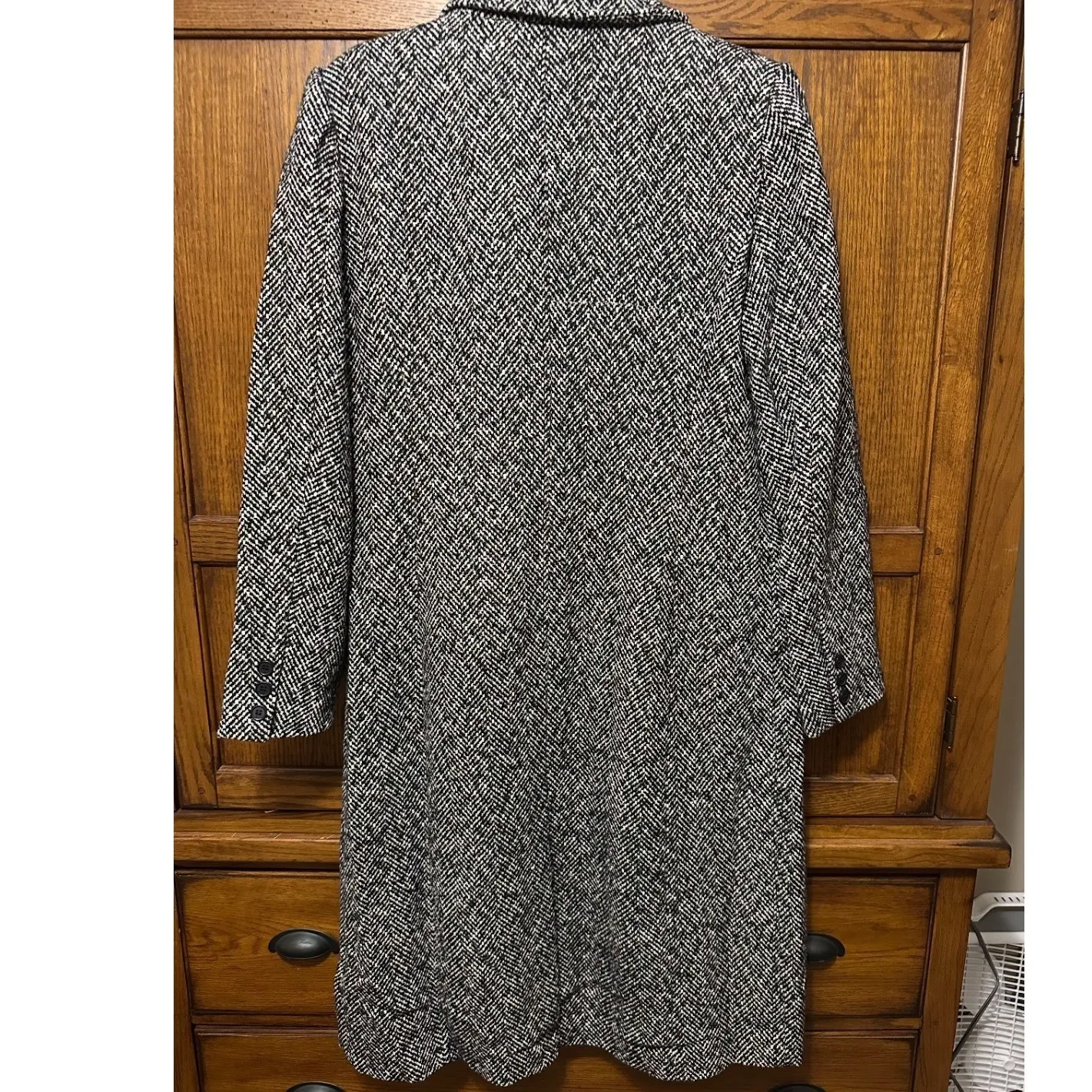 Herringbone Tweed Coat Black Faux Fur Collar Longline Winter Warm - Image 10