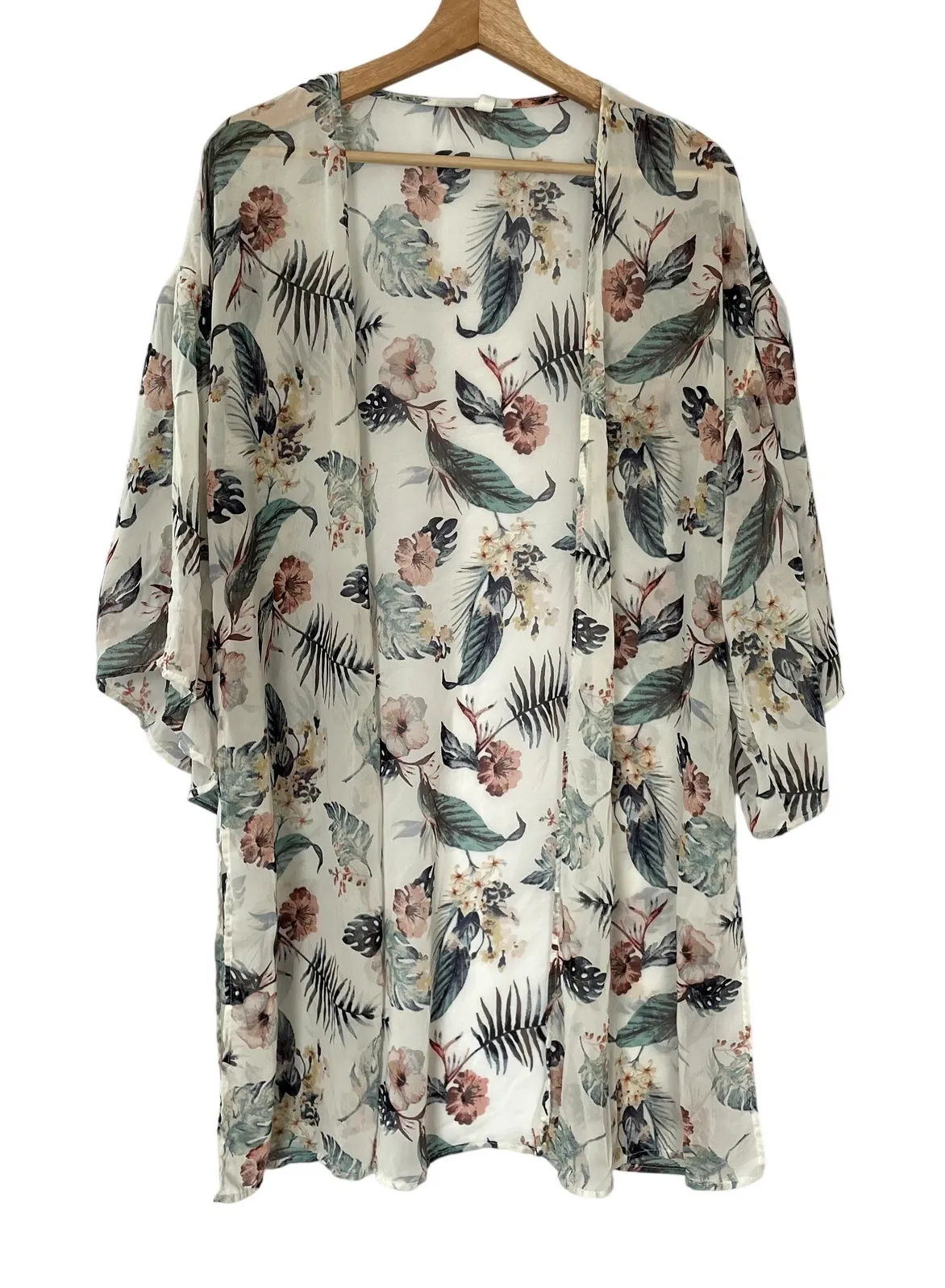Emerald floral leaf kimono coverup robe women's size M sheer flowy sleeve style Green - Image 1