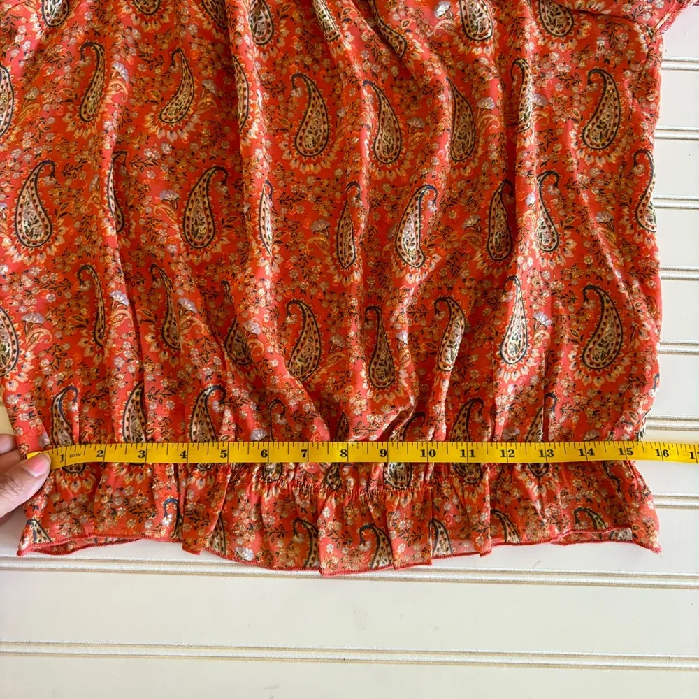 DR2 Sheer Orange Floral Paisley Ruffled Trim Peasant Blouse size M Size M - Image 11