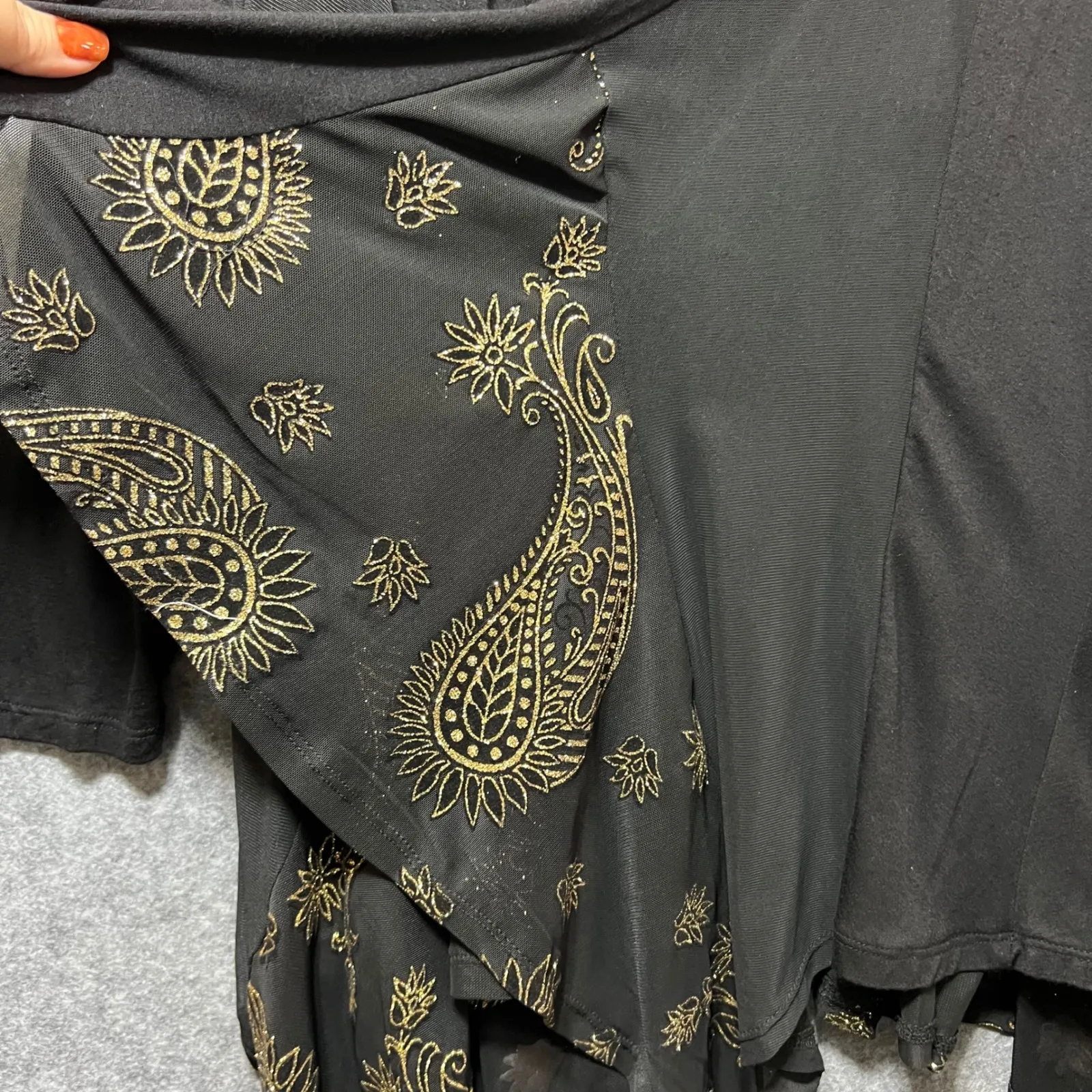 Lavanya Black Gold Paisley Print Mesh Overlay Drape Cardigan M Open Front Boho Size M - Image 5