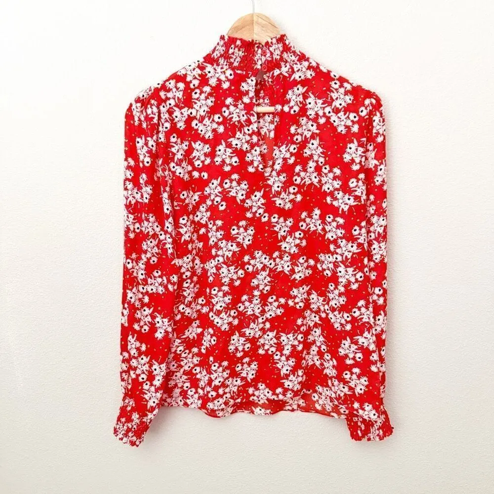 SOCIALITE x NORDSTROM | Red White Floral Blouse High Neck Smocked | Size Medium - Image 4