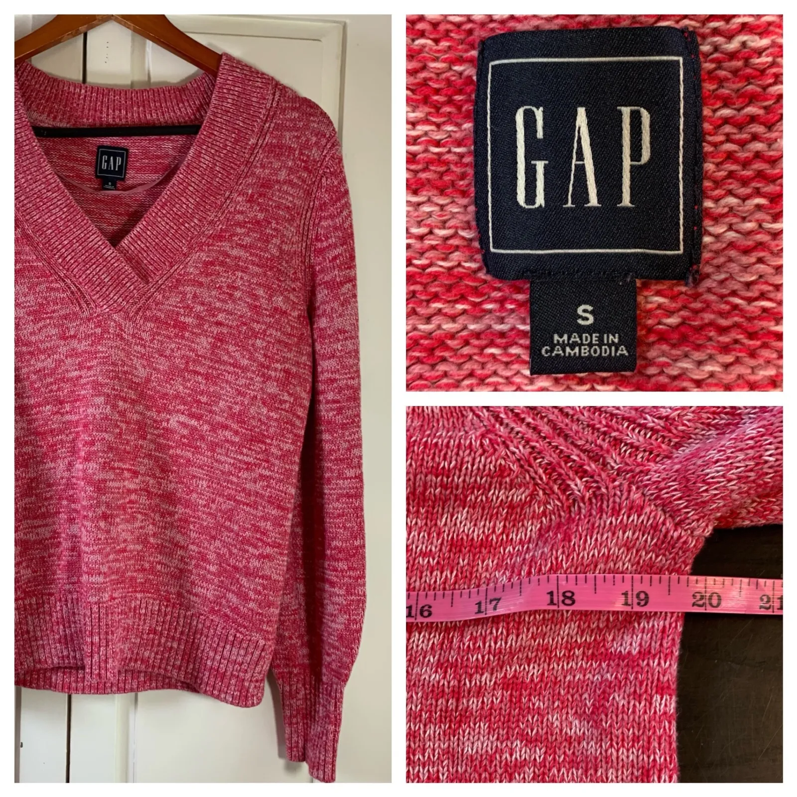 GAP Pink Marled Y2K Style  V-Neck Sweater S Clean Girl Cozycore 100% Cotton Knit - Image 15