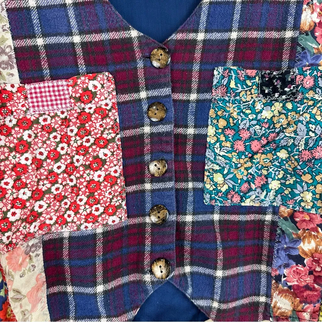 Vintage 2 Of Us Multicolor Patchwork Flannel Quilt Crop Top Jacket Medium 80s Blue - Image 6