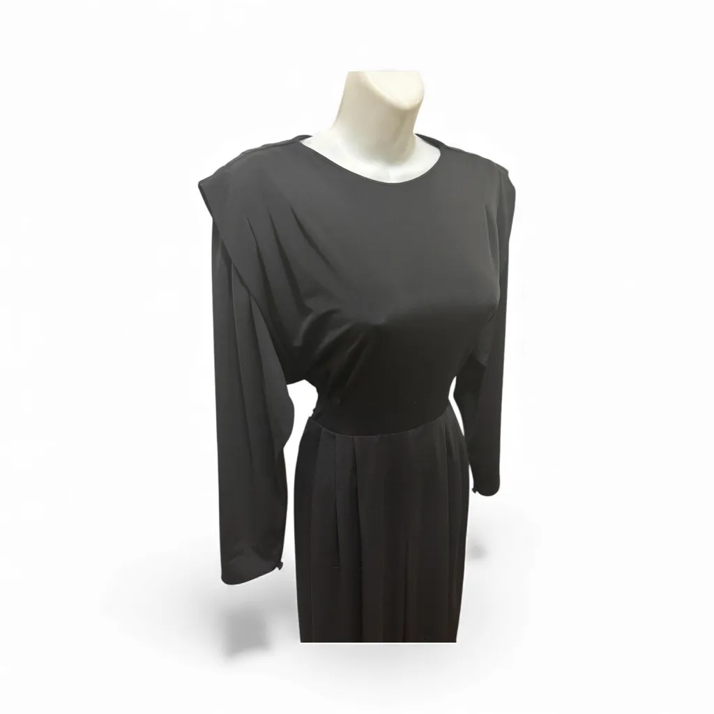 VTG Liz Claiborne Black Jumpsuit Pleated Neck Shoulder Cut Out Back Straight Leg - Image 3
