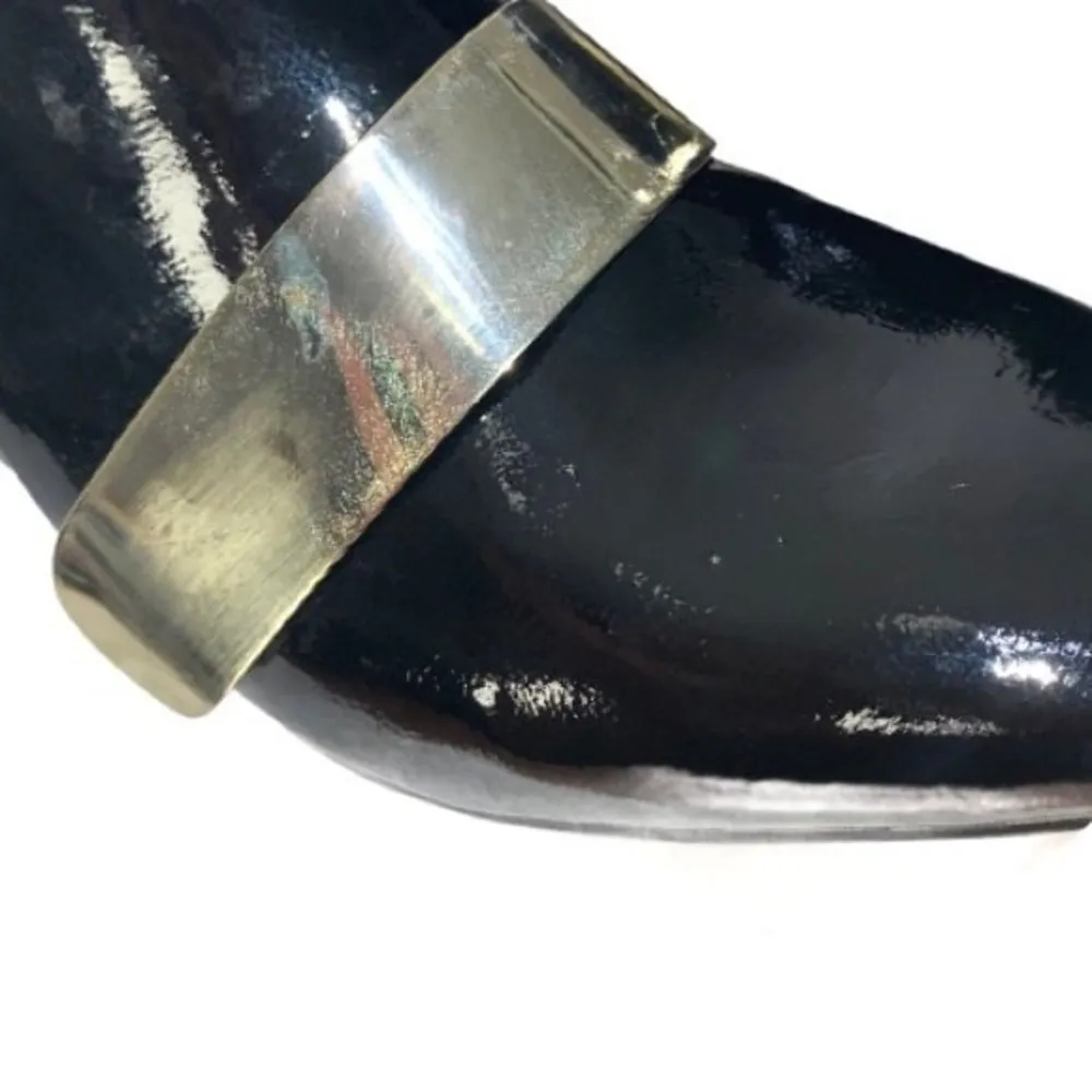 Black/Gold Patent Leather Side Zip Almond Toe Chunky Block Heel Ankle Boots - Image 9