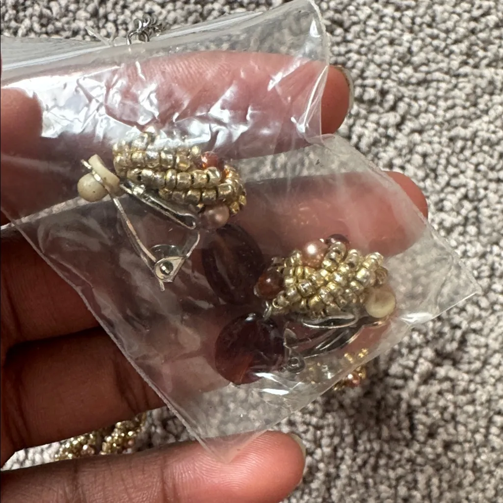 Braided Beaded Necklace w/ Clip On Earrings Set - Image 4