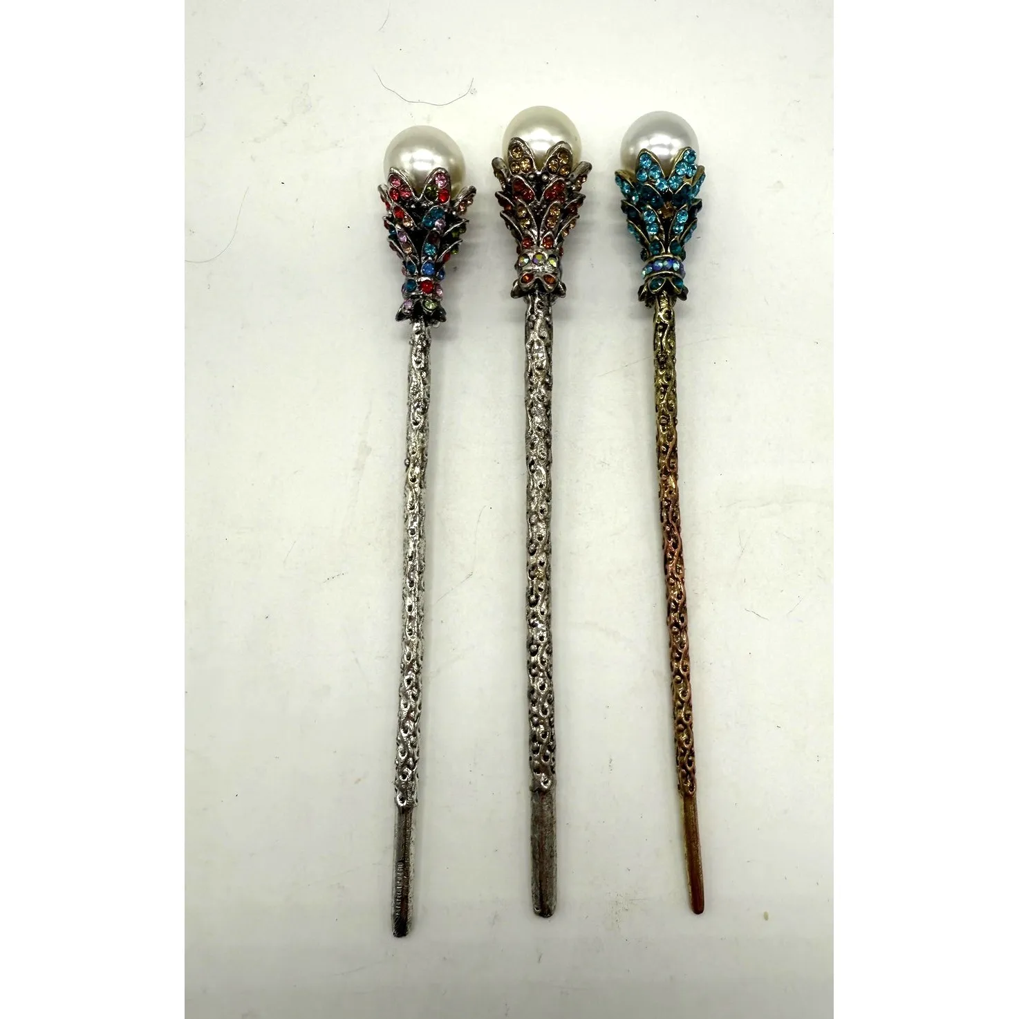Pearl Rhinestone Hair Sticks Set Of 3 Womens Multicolor Metal Updo Bun Pins - Image 4