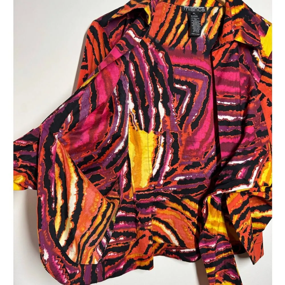 Mishca Top Women LP Orange Pink Abstract Mixed Print Tie Front Cotton Shirt Wrap Size L - Image 4