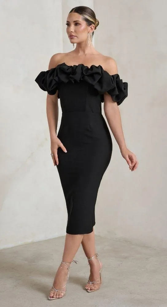 NWT Club L Londo EstieBlack Structured Statement Bardot Midi Dress Size 6 Black - Image 5