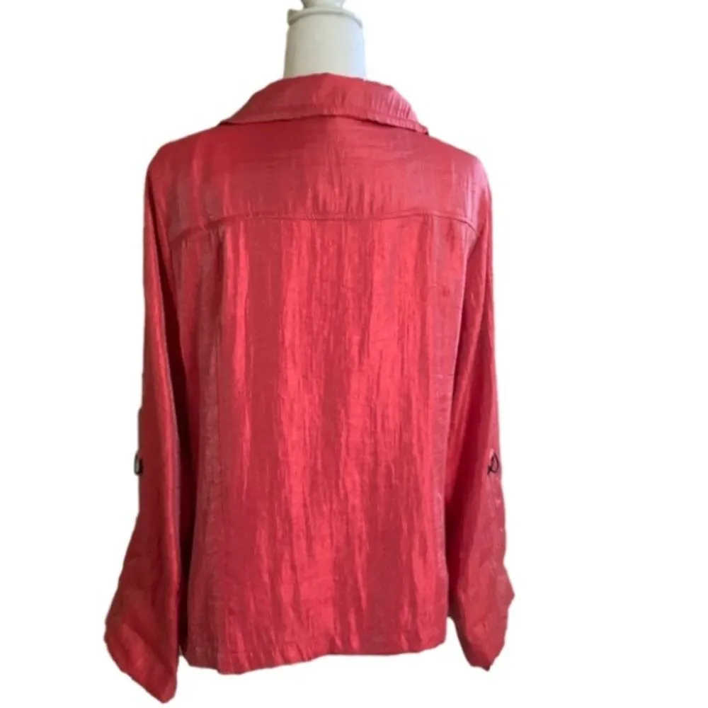 Elementz Blouse Jacket Shacket Orange Coral Shimmer Roll Tab Sleeves Large - Image 7