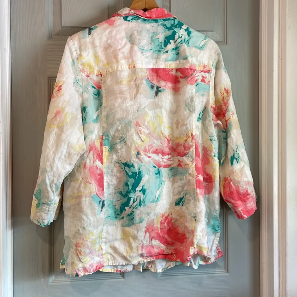 JM Collection Women's 20W Floral 100% Linen Spring 3/4 Sleeve Button Down Top - Image 5