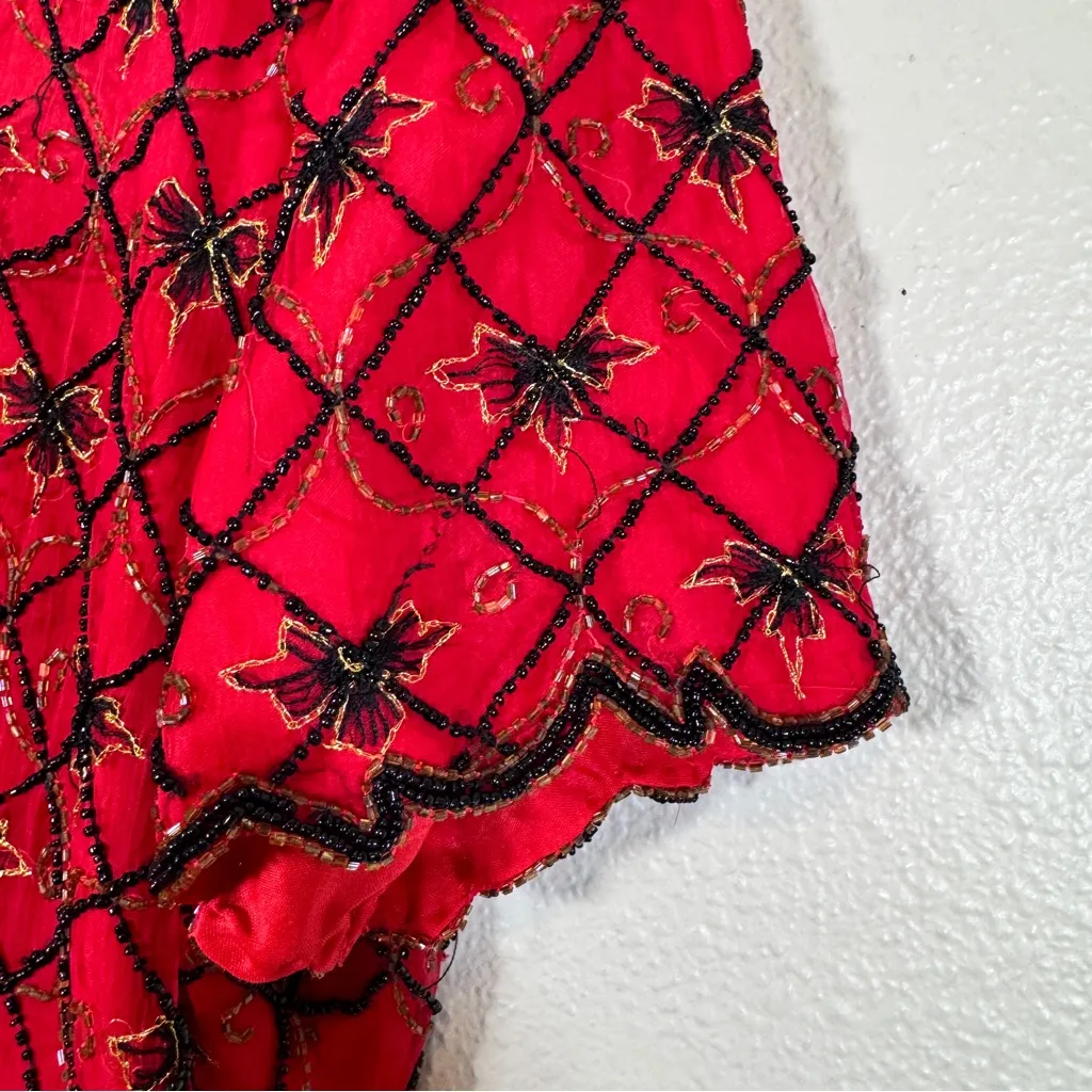 Vintage Stenay Red Silk Black Beaded Short Sleeve Blouse Womens XL Christmas Bow - Image 12