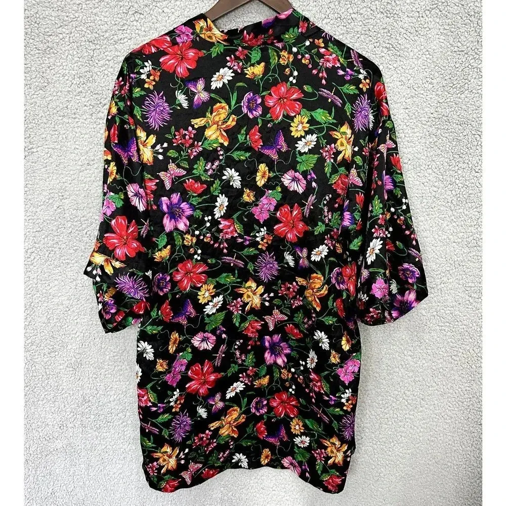 Victorias Secret kimono robe S/M satin black floral butterfly pockets boho fairy - Image 7