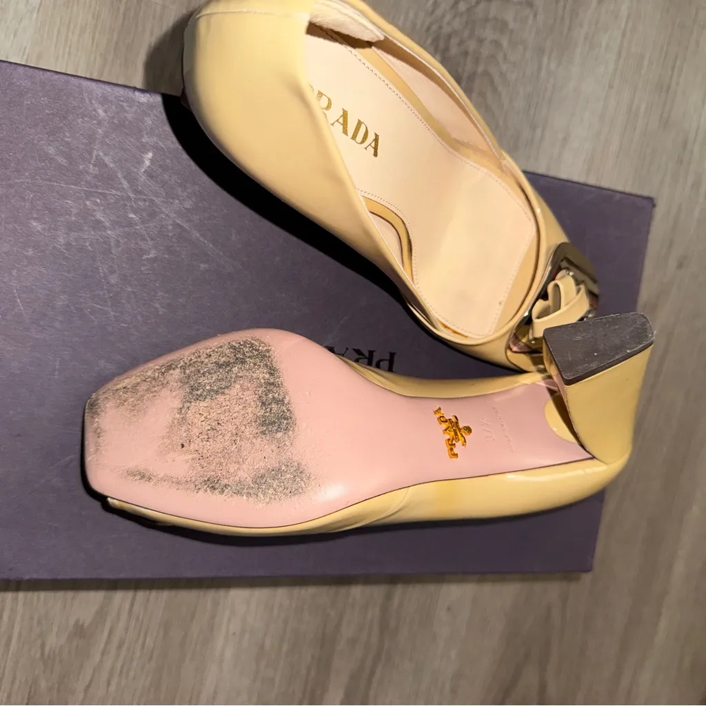 Prada Women's beige Heels with silver detail. Prada Block Heel Pumps 37.5 - Image 6