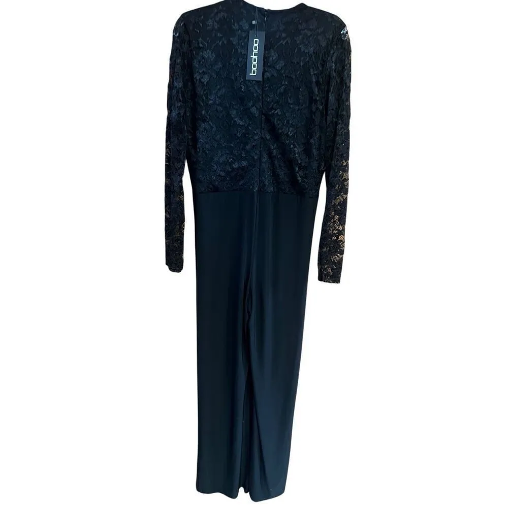 Boohoo lace Top  Low  Scalloped V Jumpsuit Black Sz 12 NWT - Image 2