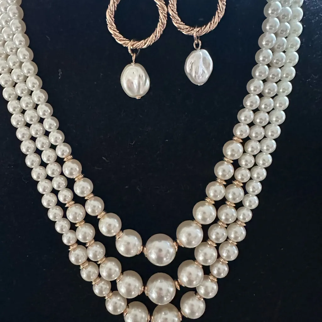 Erica Lyons Triple-Strand Pearl Necklace + Express Twisted Pearl Hoops SET - Image 3