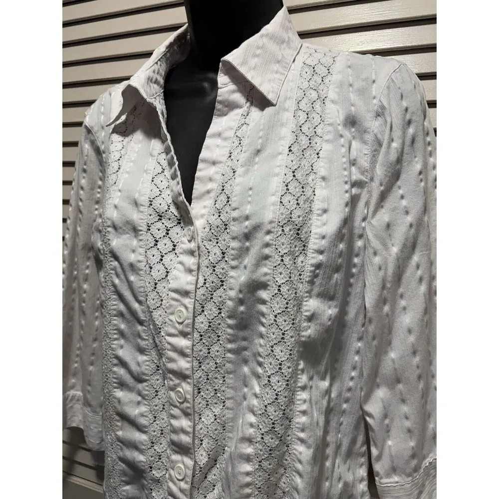 Christopher & Banks 3/4 Sleeve White Button Up Lace Striped Size XL - Image 2
