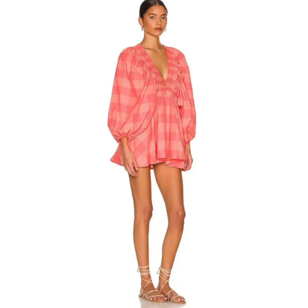 Sundress Revolve Alicia V Neck Puff Sleeve Big Gingham Neon Coral Romper XS/S Pink - Image 3