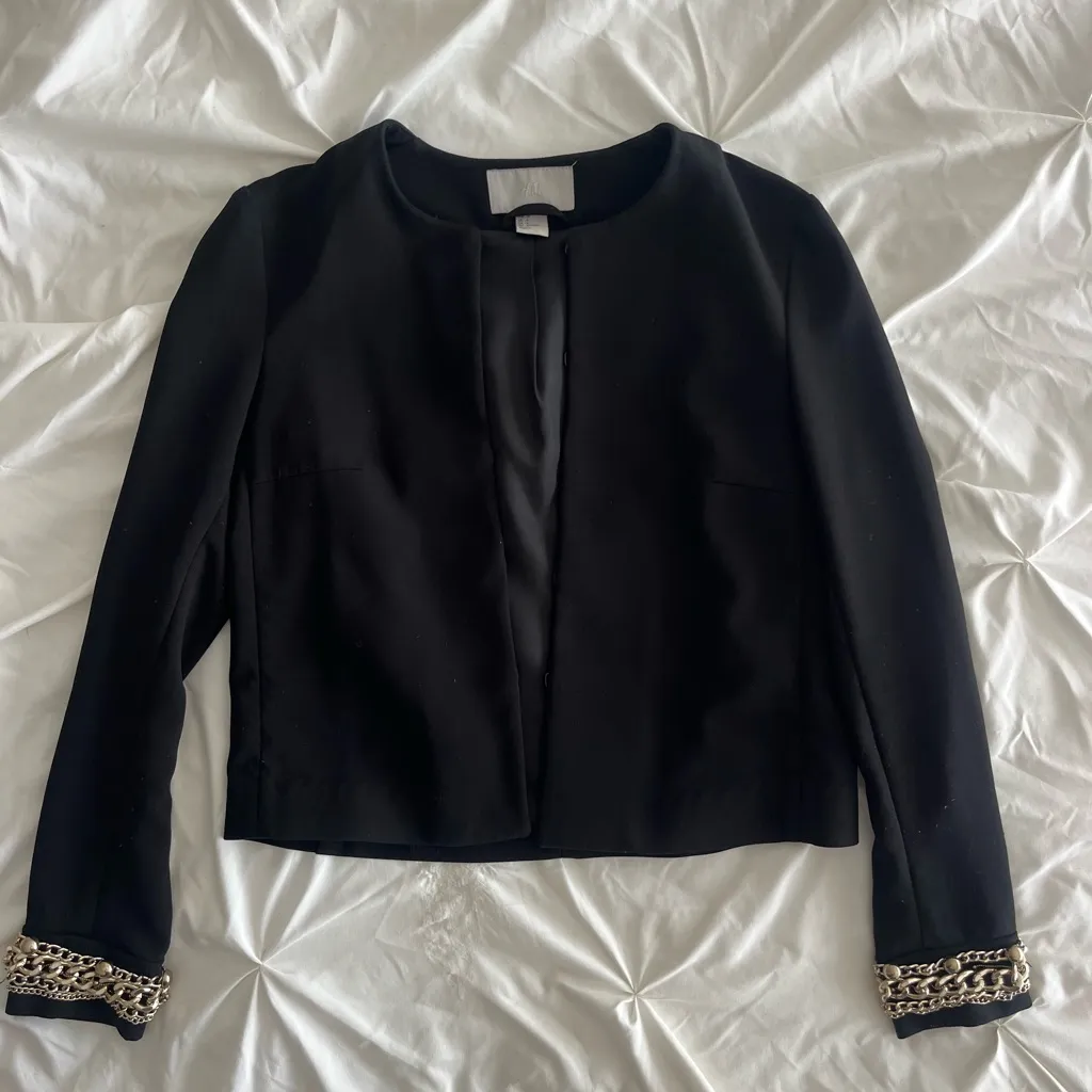 Black Blazer with Gold Chain Cuffs Size 2 - Image 3