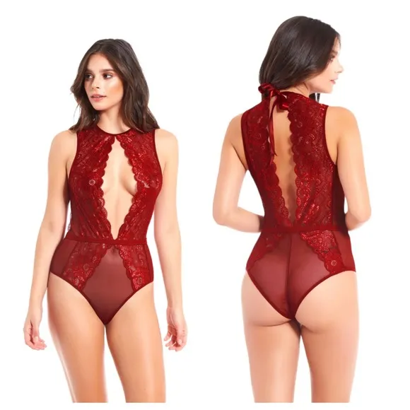 Janice Sheer Lace Teddy Lingerie Red - Image 2