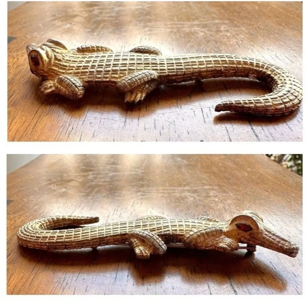 Vintage Maresco Crocodile Brooch Pin Alligator Topaz Crystal Glass Eyes … Gold - Image 6