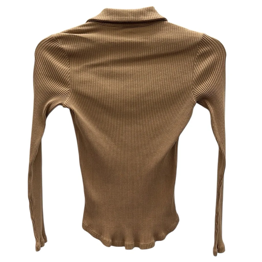 Calvin Klein Tan Ribbed Button Front Collared Long Sleeve Formfit Top Petite S - Image 9