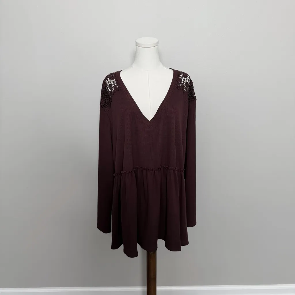 Torrid Top Waffle Thermal Knit Lace Inset Long Sleeve Babydoll Burgundy Wine - Image 2