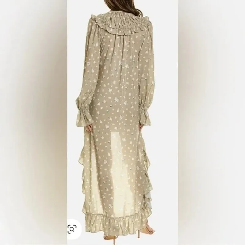 NWT WeWoreWhat High Low Polka Dot Floral Drape Ruffled Long Sleeve Dress S Sage - Image 5