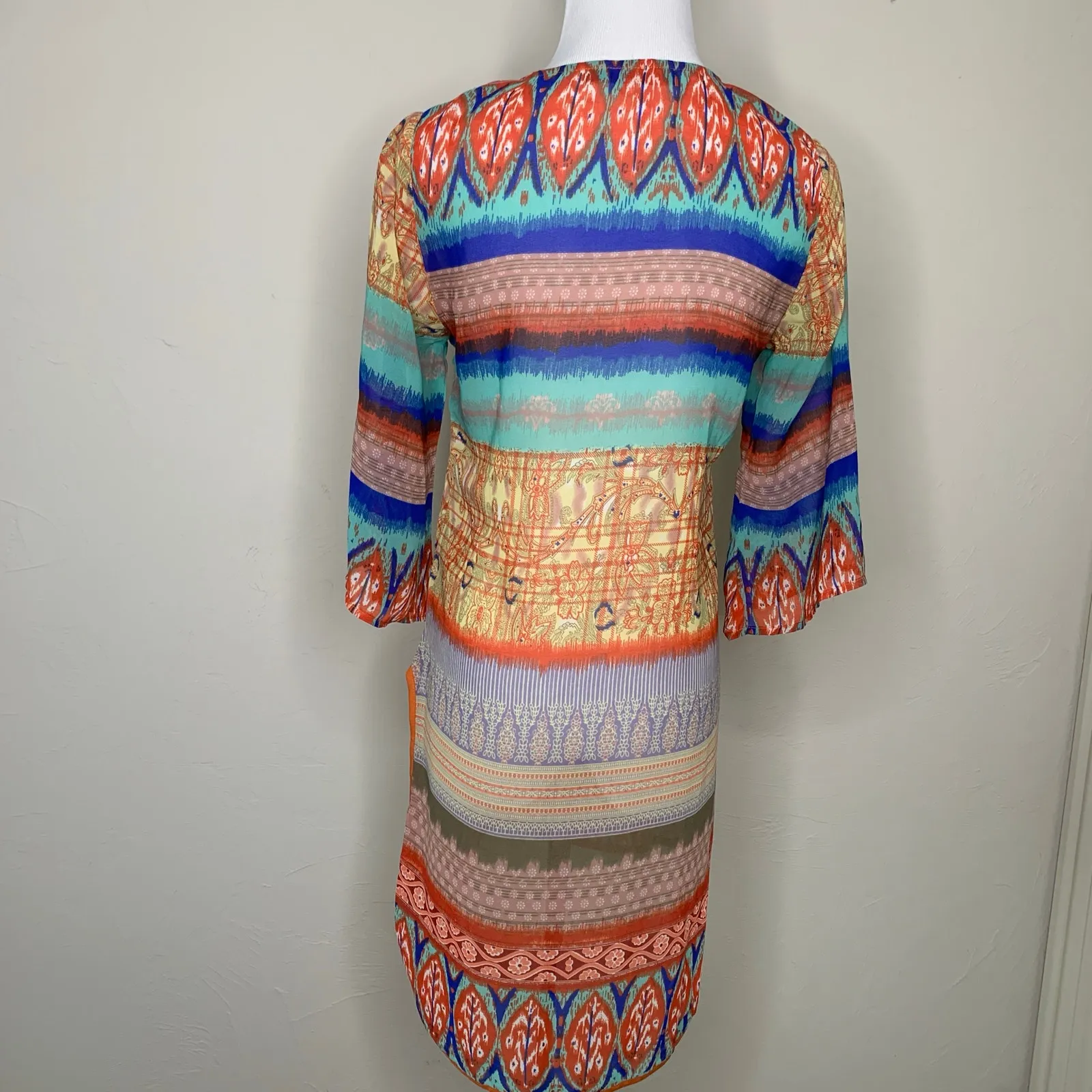 Sheer Bright Tunic Tribal Pattern Embroidered Collar Sz Small Orange - Image 2