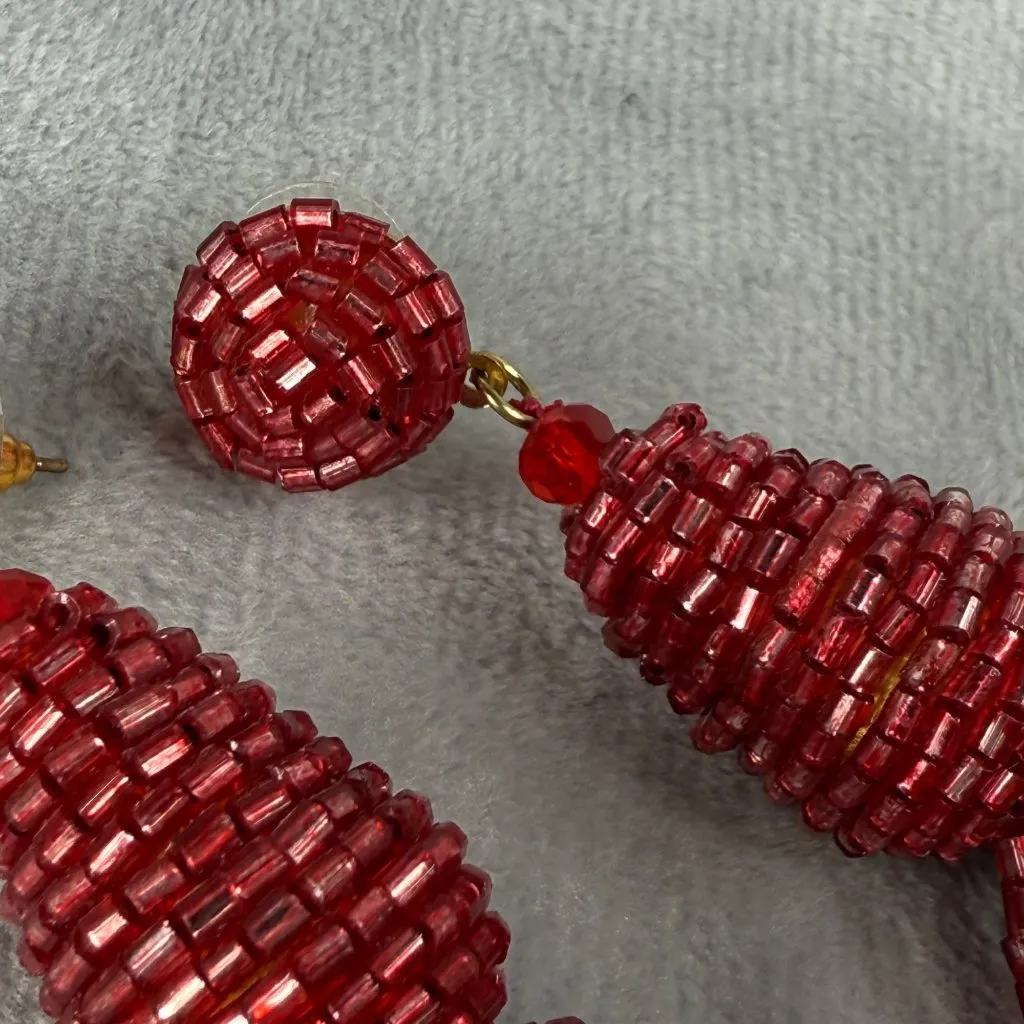 Beaded Red Tassel Pierced Earrings Statement Jewelry Gold Tone Back Vibrant Boho - Image 10
