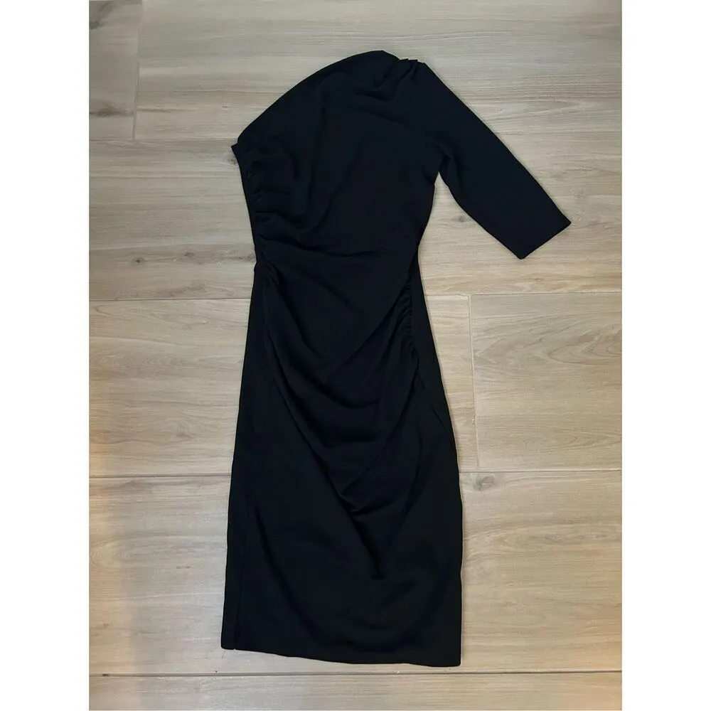 NEW Bodycon 1 Shoulder 3/4 Sleeve Cocktail Party Ruched Midi Dress S Red - Image 3