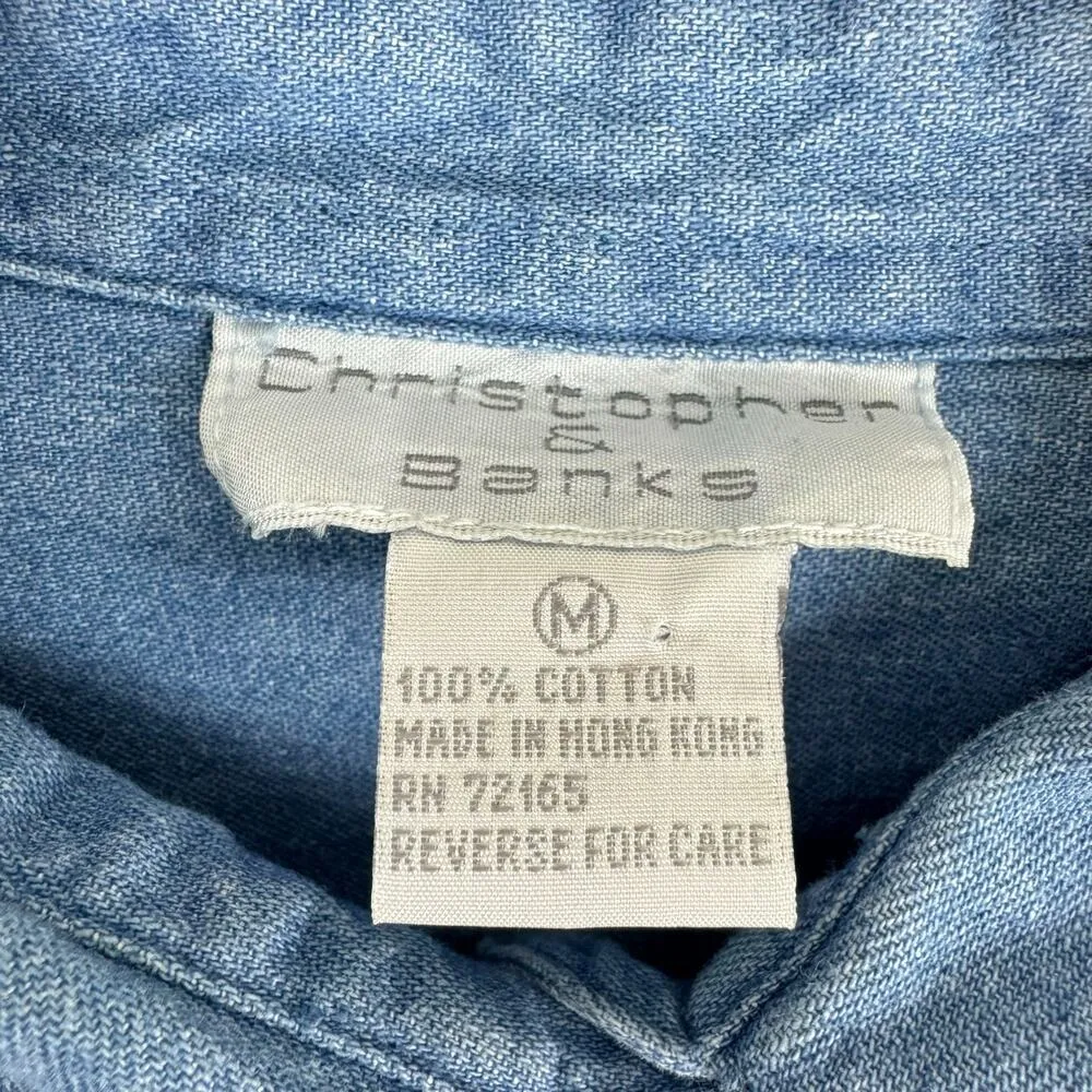 Vintage Christopher & Banks Elephant Embroidered Button Up Jean Shirt Size M - Image 4