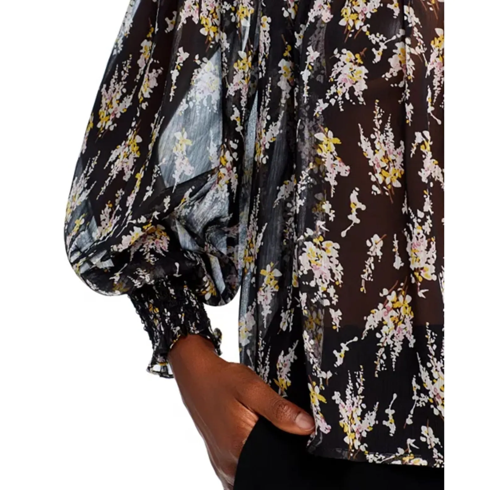 AQUA Floral Smocked‎ Mock Neck Blouse Black Sheer Long Sleeve Top Women's - Image 5