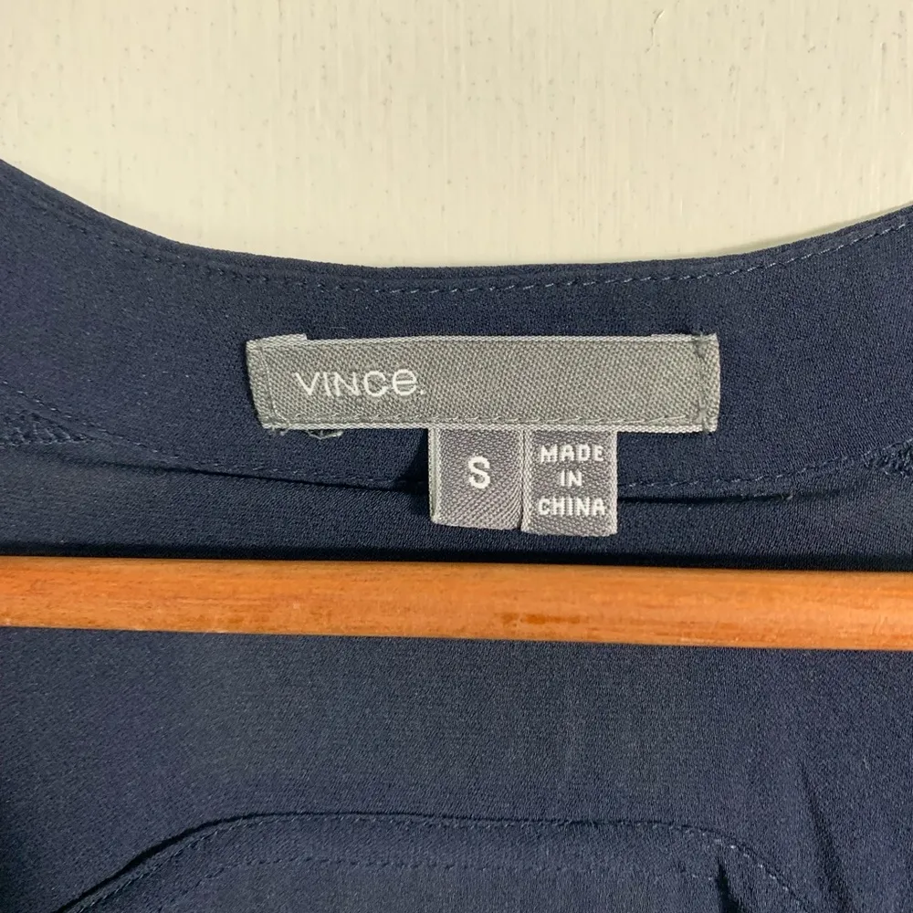 , silk, navy blue, v-neck, banded collar, long sleeve, blouse, shirt, S - Image 4