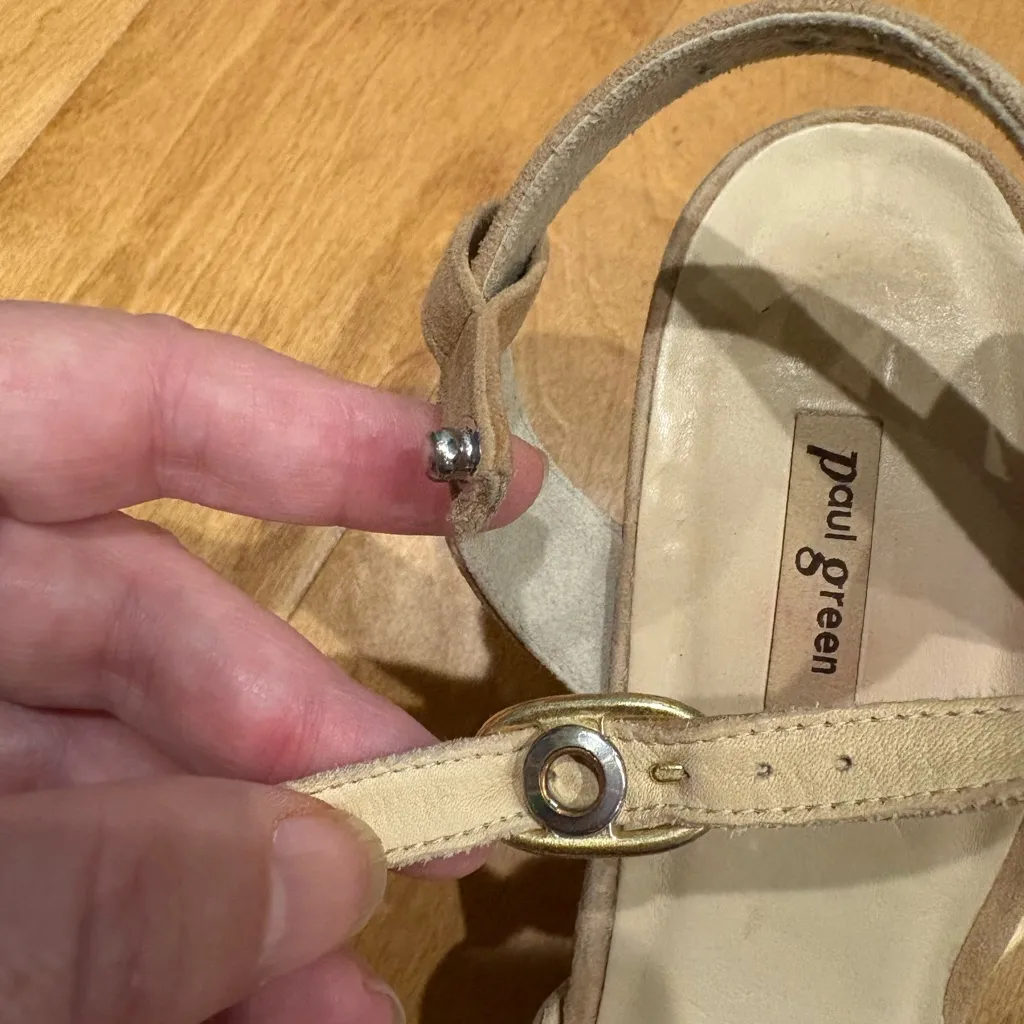 Paul Green suede ankle strap open-toe block heel sandals sz 9.5 beige shoes - Image 7