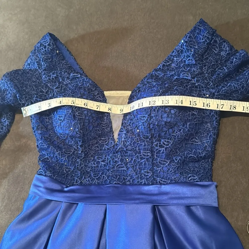 Women’s Blue Full Length 3/4 Sleeve Sparkly Sheer Bodice Dress Leg Slit Size 6 - Image 10