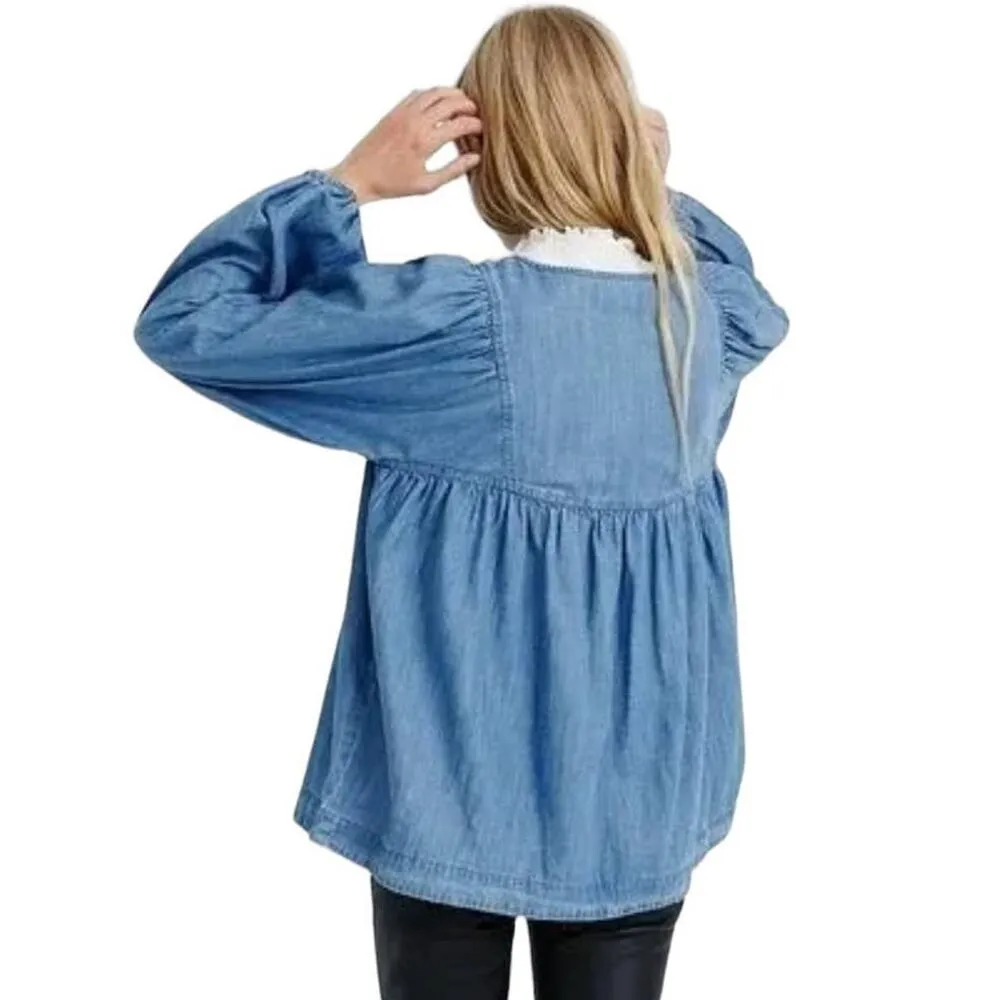 MADEWELL Denim Blue Jean Boho Peasant Top Bohemian Babydoll Blouse ~ Size SMALL - Image 2