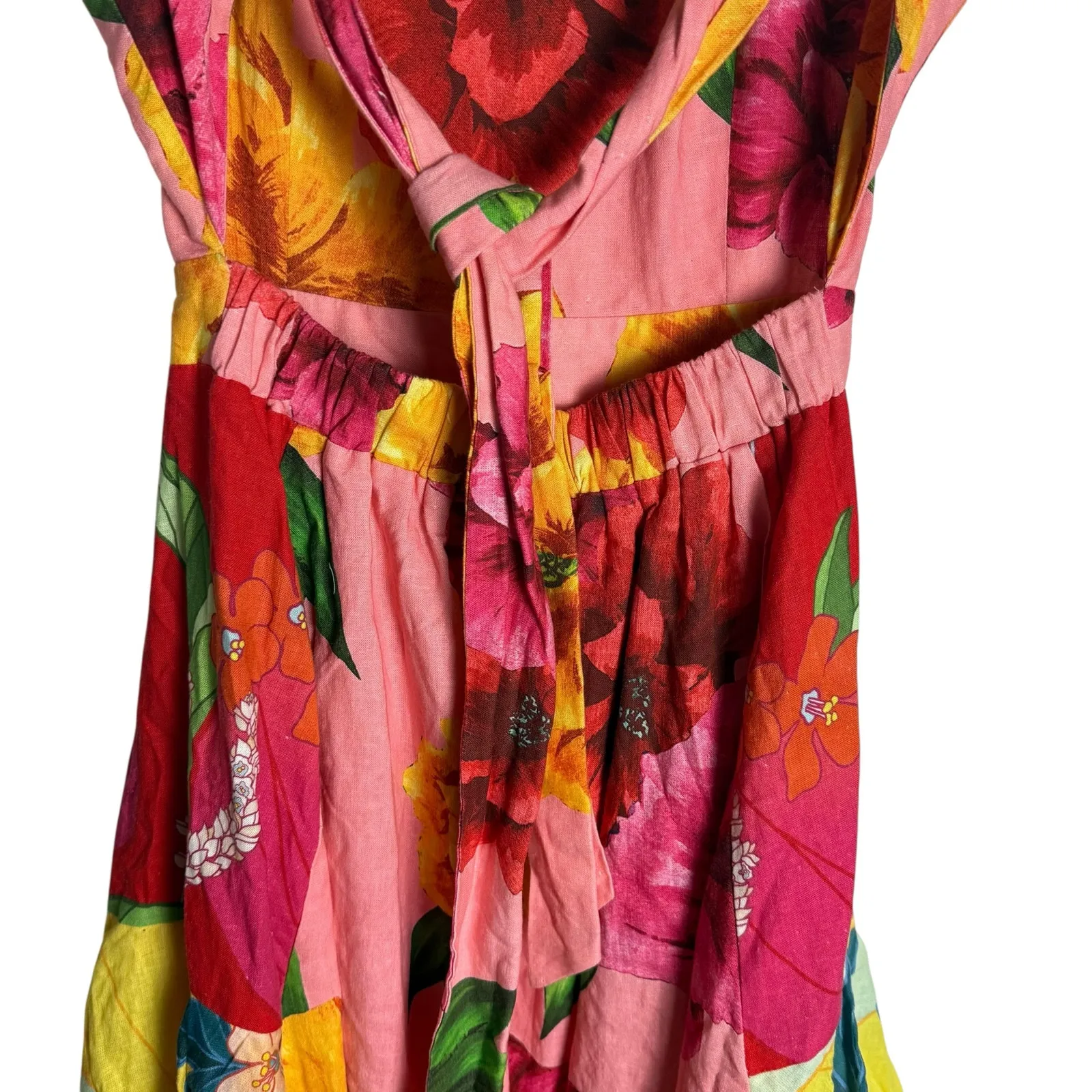 Farm Rio Chita Pink Floral Print Square Neck Tie Back Linen Midi Dress Size XS - Image 12
